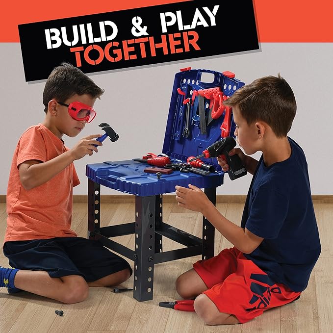 Play22 Kids Tool Set Bench 76 Pc - Toddler Tool Bench Set with Electronic Play Drill - Stem Educational Toy Pretend Play Construction Work Shop - Preschool Toy Gift for Kids Children Boys and Girls