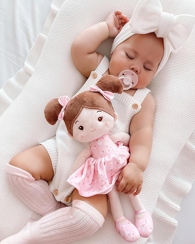 Soft Baby Doll Toys (12''), My First Baby Rag Doll for 1 Year-Old Girl Birthday Gift, Christmas Plush Toys Gift for Toddler Kids Infants -FloraBelle(Pink)