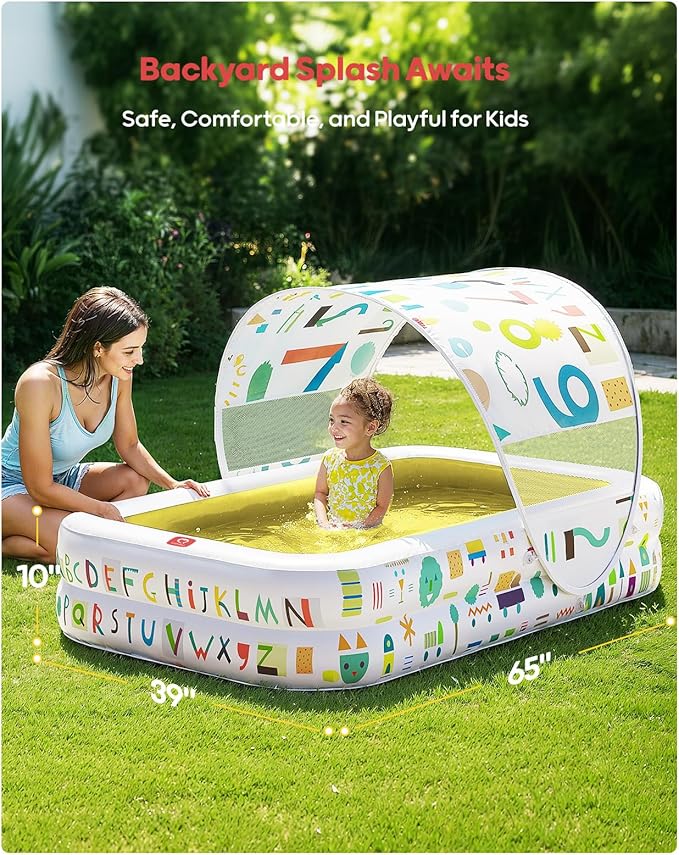 QPAU Kiddie Pool – 65" x 39" Inflatable Pool for Kids & Toddlers, Ball Pit & Baby Pool with Soft Cushioned Floor, Canopy for Sun Protection, Durable Outdoor Play Toys for Backyard & Indoor (Yellow)