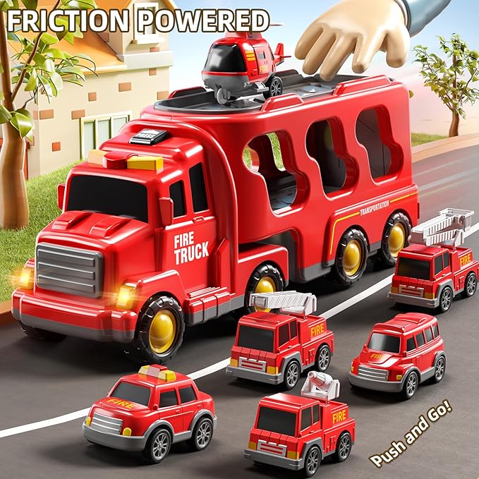 7-in-1 Fire Trucks for 3 4 5 6 Years Old Boys - Transport Car for Toddlers 4-6, Sound and Light Kids Toys for Ages 2-4, Gift for Ages 5-7, 4-8 Year Old Girl Birthday Gifts