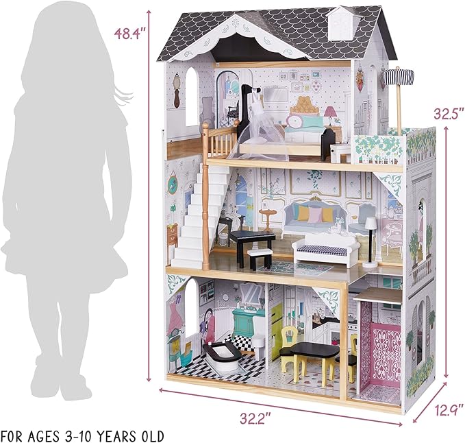 Lil' Jumbl Kids Wooden Dollhouse, with Elevator, Balcony & Stairs, Accessories & Furniture Included X-Large 3 Story Easy to Assemble Doll House Toy