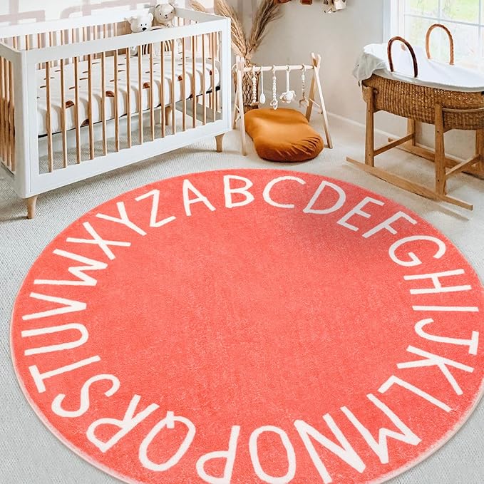 Topotdor Round Kids Play Rug Alphabet Nursery Area Rug Extra Large Soft Crawling Play Mat for Children Toddlers Bedroom (47 inch,Coral)