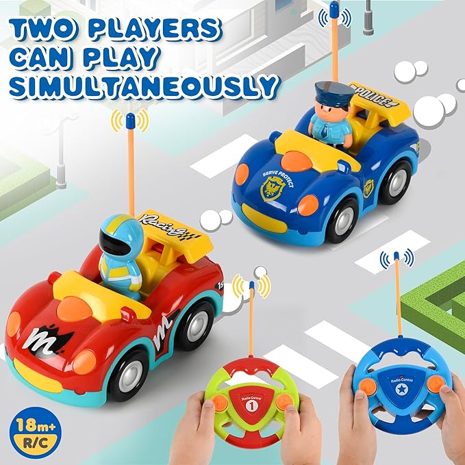 Haktoys Toddler Remote Control Cars 2-Pack – RC Toy Vehicles for Kids Ages 2-5, Boys & Girls – Police & Race Car Set with Independent Controllers for Simultaneous Play