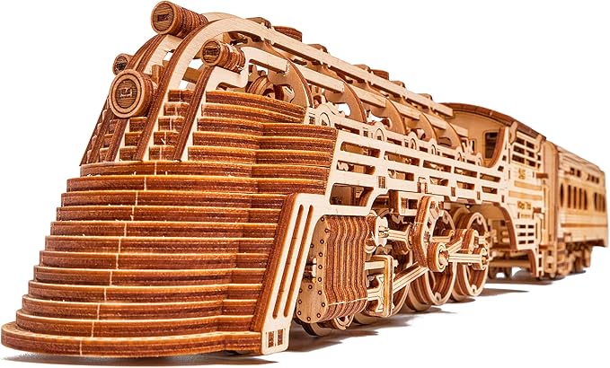 Wood Trick Atlantic Express Train 3D Wooden Puzzles for Adults and Kids to Build - 26.7x4 in - Rides up to 9 ft - Mechanical Locomotive Model Kit for Adults and Kids