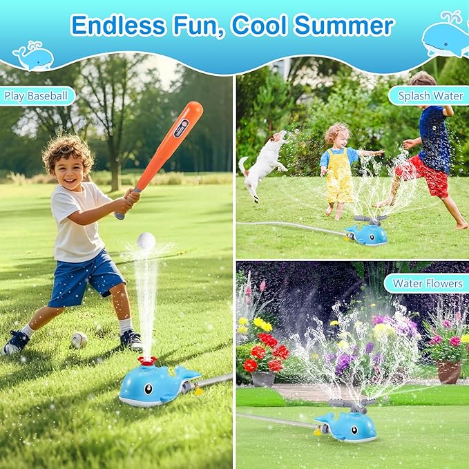 MoKo Water Sprinkler Baseball Toy for Kids Outdoor Play, 2 in 1 Baseball Water Games, 360° Rotatable Yard Sprayer Sprinkler, Toddler Outdoor Toys for Backyard Garden Lawn Pool, Sky Blue Whale