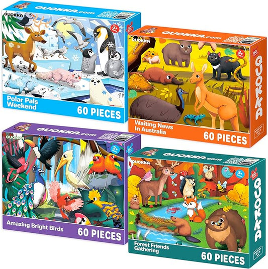 QUOKKA Puzzles for Kids Ages 4-6 - Set of 4x60 Jigsaw Puzzles for Toddlers 3-5 - Polar, Birds, Animals Toys for Children 6-8 yo - Gift Educational Game for Boys & Girls