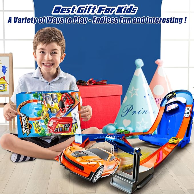 Race Track Toy Car Set with 2 Race Cars,2 in 1 Magic Tracks Style with Storage Box,Changeable Tracks Toys Birthday Gifts for Kids 3 4 5 6 7 8+Year Old Boys Girls (Blue)