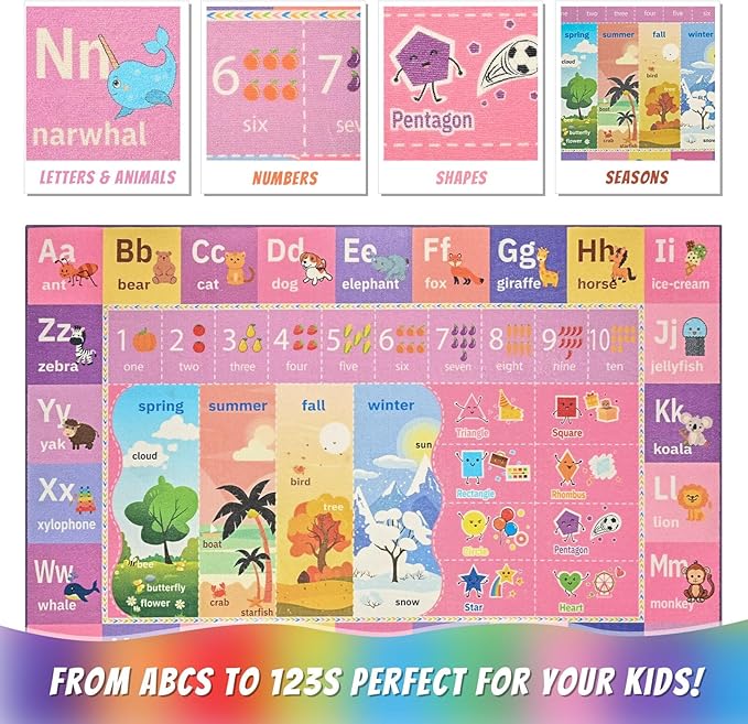 ABC Kids Rug for Playroom, 3x5 Pink Purple Washable Classroom Area Rugs, Toddler Educational Play Mat with Alphabet Numbers Seasons Shapes, Learning Fun for Preschool Children