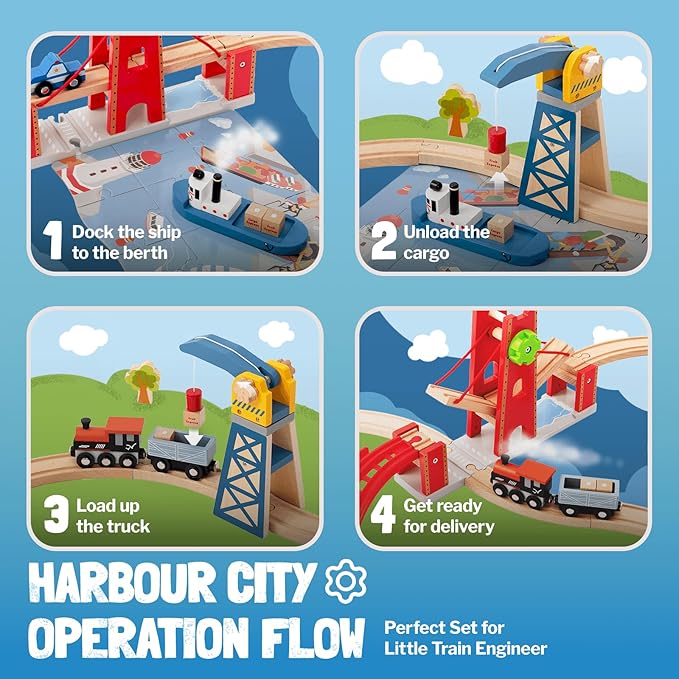 Giant bean 117 Pcs Busy Port City Train Set for Kids- Expandable & Changeable Wooden Train Track Set Toy, for Boys & Girls Ages 3-14