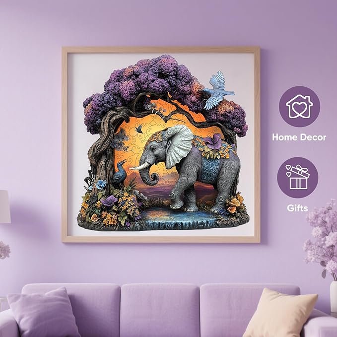 Wooden Puzzles for Adults, Elephant Jigsaw Puzzles 200 Pieces, Unique Shaped Puzzle for Adults and Kids, Christmas Birthday Gift Family Game 11 x 11.2 Inch