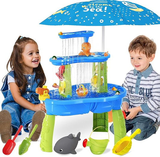 BELLOCHIDDO Water and Sand Table with Water Pumb & Umbrella - Summer Toys 3-Tier Kids Water Play Table, Outdoor Toys for Boys Girls