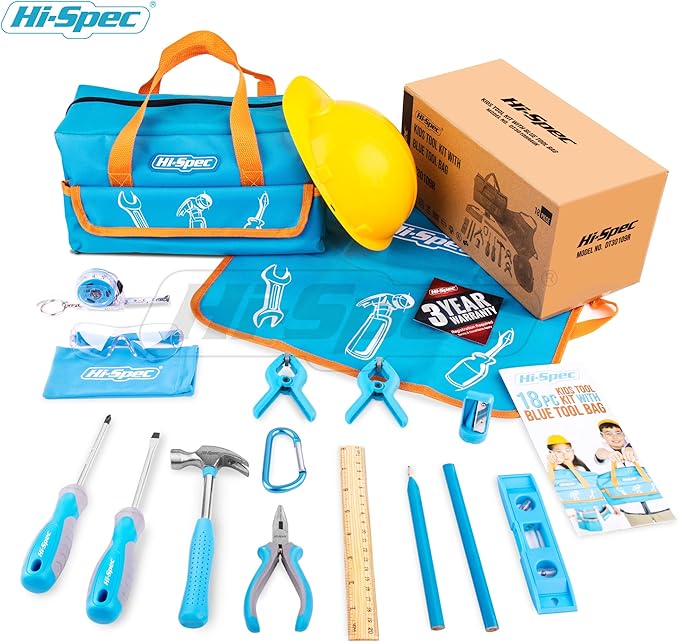 Hi-Spec 18pc Blue Kids Tool Kit Set & Child Size Tool Bag. Real Metal Hand Tools for DIY Building, Woodwork & Construction