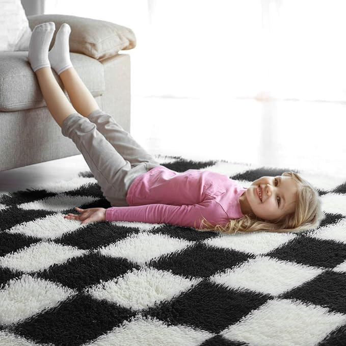KICMOR Area Rugs for Bedroom Living Room, 4x6 Black and White Fluffy Soft Checkered Rug Fuzzy Shag Shaggy Carpet, Indoor Plush Floor Rugs for Kids Boys Girls Teen Dorm Nursery Home Decor Aesthetic