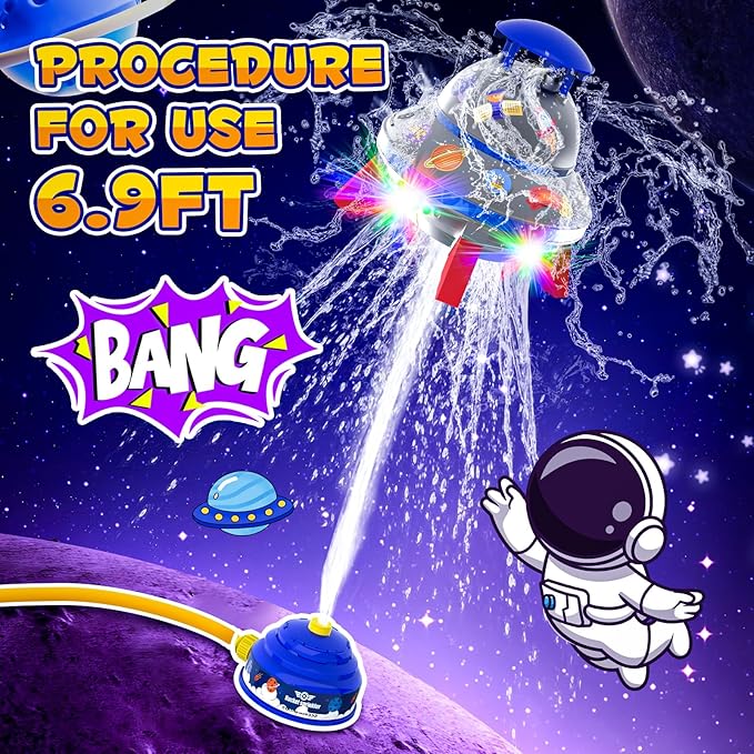 Outdoor Water Sprinkler Toys for Kids, Summer Water UFO Spaceship Rocket Sprinklers Launch Toys with Light, Ideal Holiday Backyard Lawn Yard Game Birthday Gift for Boys Girls 3 Years and Up (Blue)