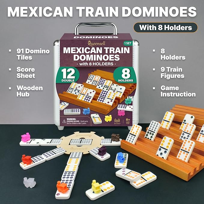 Queensell Mexican Train Dominoes Set with 8 Holders - Wooden Hub and Tiles Holders - Double 12 Tiles with Dots (D12 + 8 Holders)