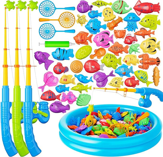 Magnetic Fishing Pool Toys Game for Kids Toddlers 3-5 4-8, Water Table Bathtub Toy with Inflatable Pool Pole Rod Net Plastic Floating Fish, Water Bath Pool Outdoor Toys for Kids Toddlers Baby