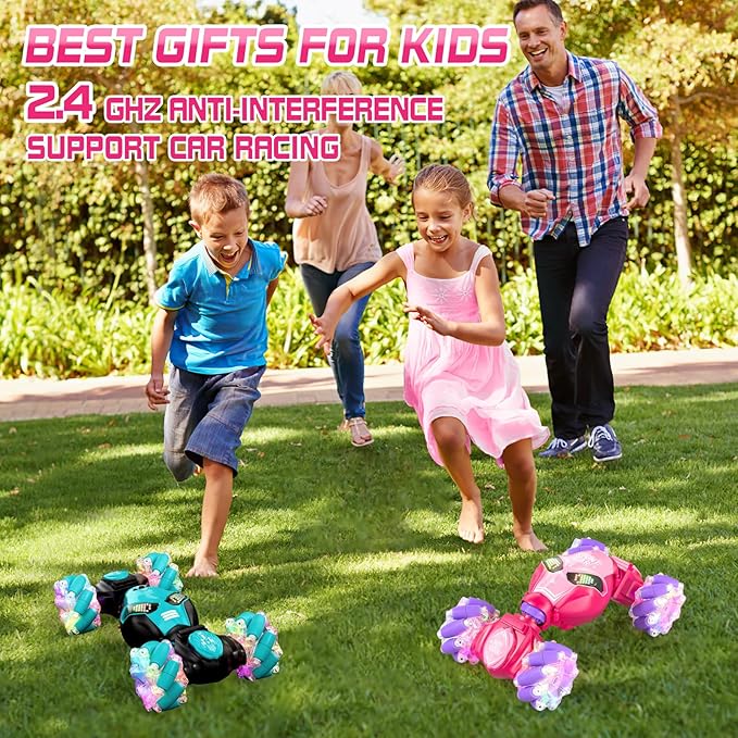 Axirata Gesture Sensing RC Stunt Car with Lights & Music for Girls Kids 6-12 Year Old 4WD 2.4GHz Hand Controlled Remote Control Car 360° Rotation Off-Road Toy Car Gift for Girls Kids(Pink)