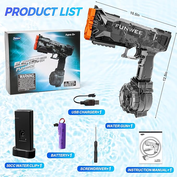 Electric Water Guns for Adult Kid, Strongest Full Automatic Water Pistol High Capacity 500+ Water Blaster, 26-30 FT Range Powerful Classic Water Squirt, Summer Outdoor Swimming Pool Water Toy