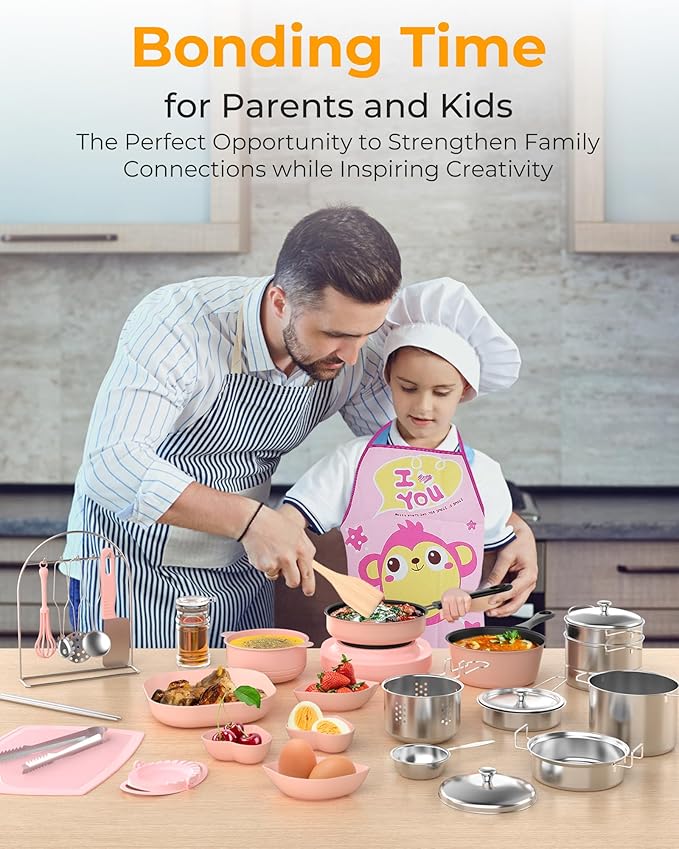 Kid Cooking Sets Real Mini Kitchen, Food Making for Beginner Children 8 9 10 11 12 Boys Girls Cooking Educational Toys, Junior Easy Safe MontessoriTools Dishes Knife Set-Pink