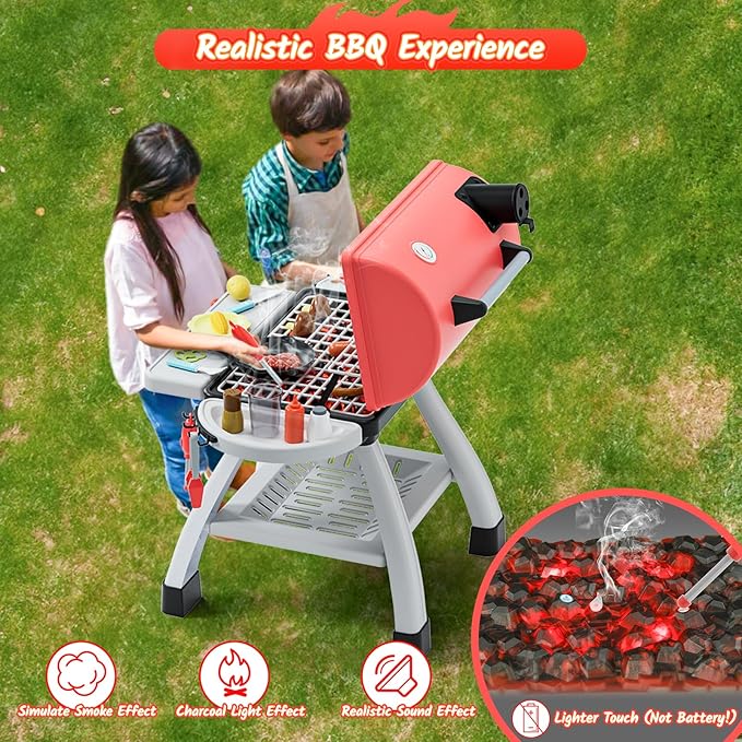 Kids Toys Kitchen Playset, BBQ Grill Playset with Smoke, Sound & Light, Toy Grill for Kids, Pretend Play Food Hamburger, Interactive Toys Barbecue Cooking Game for Toddlers Boys Girls 3-5
