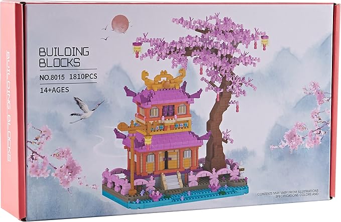 Cherry Blossom Tree House Micro Building Blocks Set Enjoy Flower Pavilion 1810pcs Exquisite Architecture Model Kit for Girls and Women (Adults or Kids Age of 14+)