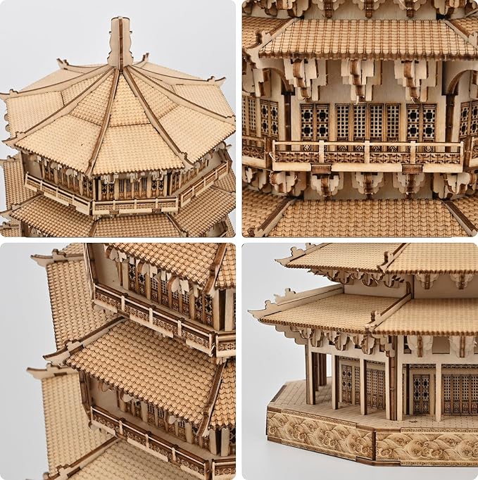 Wooden Pagoda 3D Puzzle for Adults - Wooden Puzzles, Creative Crafts for Adults, Birthday Christmas Party Favors Home Decor Gift - Six-Storied Pagoda with LED Light (1287pcs)