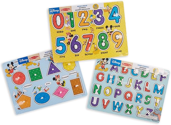 Melissa & Doug Disney Wooden Peg Puzzles Set: Letters, Numbers, and Shapes and Colors Letters And Number Puzzles, Disney, For Toddlers And Kids Ages 3+