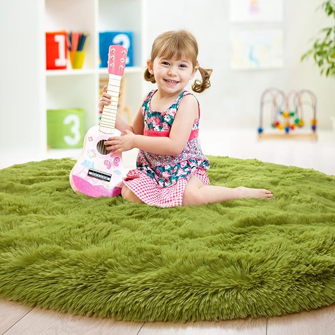 junovo Round Rug, 4ft, Green, Soft Area Rugs for Kids Girls Room Decor, Fluffy Shaggy Carpet, Circular Nursery Rug for Baby Room Home Decor