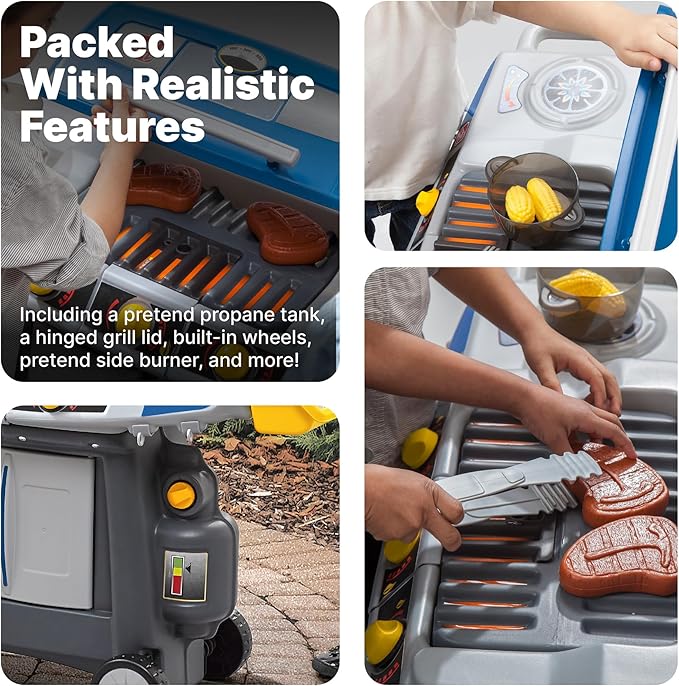 Step2 Sizzle & Smoke BBQ Grill Kids Playset, Indoor/Outdoor Kitchenette, Interactive Play with Sounds, Made of Durable Plastic, Includes 15 Piece Toy Accessories, For Toddlers 3+ Years Old