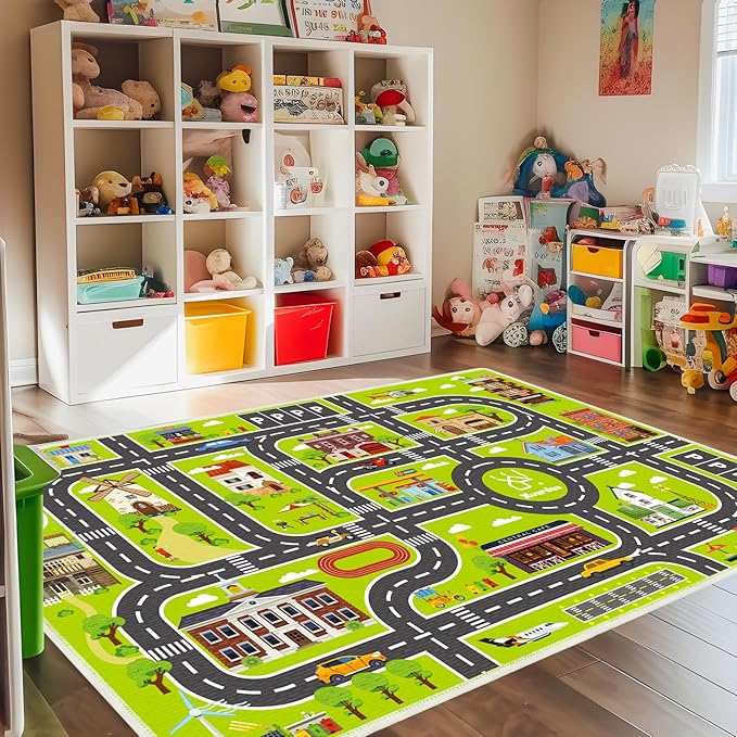 Kids Carpet 4x6 ft Car Rug Play Mat Great for Kids Enjoy City Life- Play Learn Safely and Non Slip- Kids Educational Road Traffic Play Mat for Bedoom Playroom Classroom Rug(5'11" x 3'11")