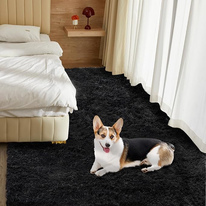 Extra Large Shag Rug, 9x12 Ultra Soft Indoor Modern Area Rugs for Living Room, Non-Skid Modern Nursery Rugs, Fluffy Carpet for Boy and Girls Room Dorm Home Decor Aesthetic, Black