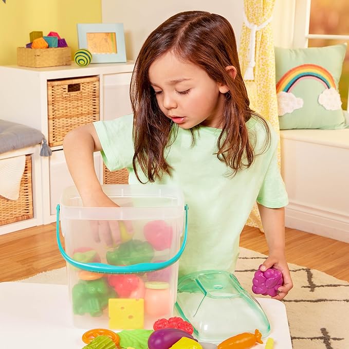 B. toys- Foodie Fun- Pretend Play Food & Board Book Set – 32 Pieces of Play Food – Educational Book for Toddlers – Storage Bucket with Lid – 2 Years +