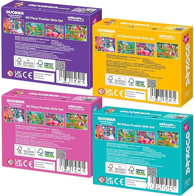 QUOKKA Puzzles for Kids Ages 4-6 – 4-Pack 60-Piece Puzzles for Kids – Fairy Tale Jigsaw Puzzle Set – Toddler Puzzles Ages 4-6 – Educational Learning Toys – FSC Certified – Gift for 5 Year Olds