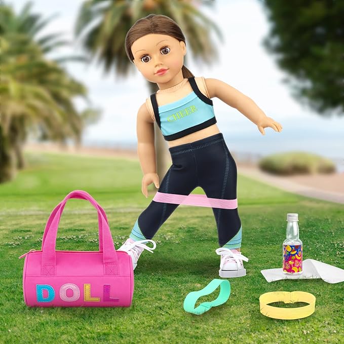 Ecore Fun 8 Piece 18 Inch Girl Doll Clothes and Accessories Set Include Yoga Sport Clothes Shoes Yoga Bands Towel Drink and Bag