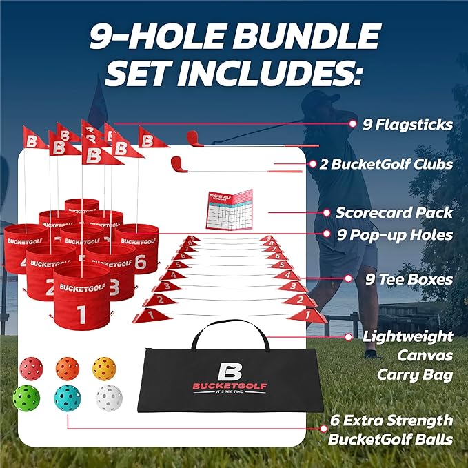 bucketgolf Game 9 Hole Bundle with Clubs - Outdoor Golf Game for All Ages Adults, Kids, Family. Play Golf Anywhere Yards, Beach, Park, Backyard Game. (2 Clubs (2 RH))