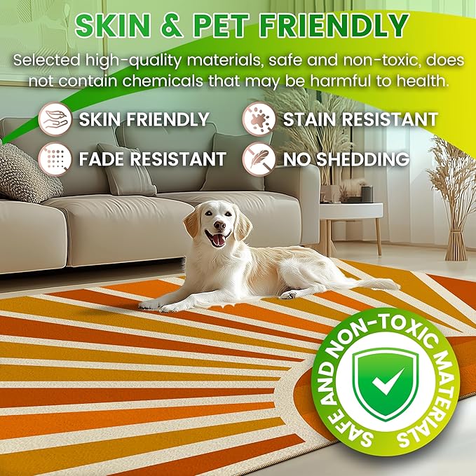 Washable 3x5 Sun Area Rug for Living Room, Brown Sun Modern Abstract Boho Large Area Rugs, Ultra Thin Low Pile Lightweight Indoor Carpet Mat with Non-Slip Backing for Bedroom Kids Nursery Play Room