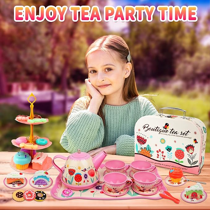 SMILESSKIDDO 46pcs Tea Party Set for Little Girls - Princess Tea Party Set,Kids Kitchen Pretend Play Toys - Toddler Tea Party Sets for Girls 3-5, Girls Tea Party Set Gift for 3 4 5 6 7 8 Girl(Garden)
