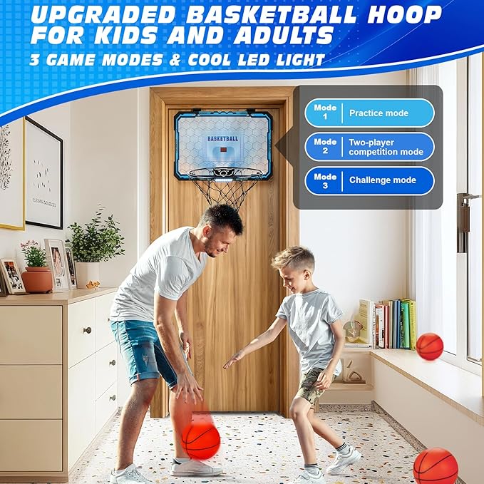 Basketball Hoop Indoor, Basketball Mini Hoop Pro Basketball Hoop Over The Door with Cool LED Lights, Boys Gifts Basketball Toys Gifts Room Accessories for Teen Boys 8-12