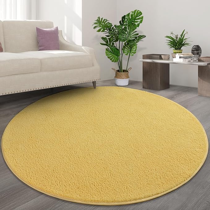 FlyDOIT Round Area Rugs for Bedroom Living Room, 4x4 Yellow Super Soft Comfy Thickened Memory-Foam Indoor Circle Carpets, Modern Aesthetic Minimalist Carpet for Boys Girls Adults Nursery Home Décor