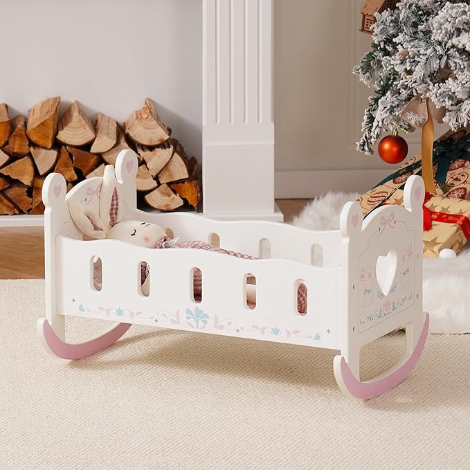 ROBUD Wooden Baby Doll Crib, Baby Doll Bed Toys, for Dolls Up to 18 Inch, Doll Accessories - with Mattress, Pillow, Quilt, Gift for Boys & Girls, Ages 3+