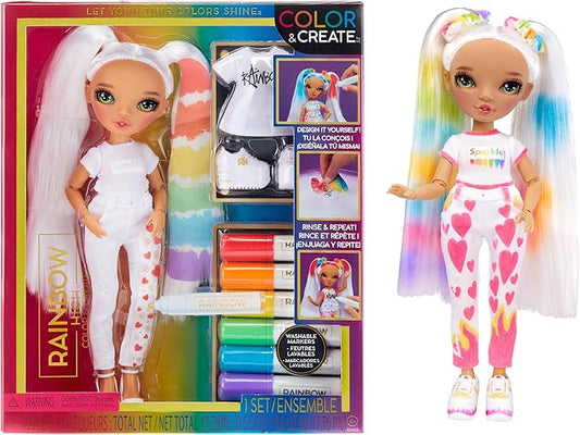 Rainbow High Color & Create Fashion DIY Doll with Washable Rainbow Markers, Green Eyes, Straight Hair in 2 Pig Tails, Bonus Top & Shoes. Color, Create, Play, Rinse and Repeat. Creative 4-12+