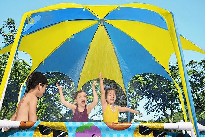 H2OGO! Kids Splash-in-Shade 8-Foot Round Steel Frame Above Ground Pool with Water Mister and Canopy Sunshade, Green Tropical Leaf Print