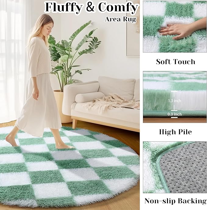 KICMOR Round Rugs 5ft for Bedroom Living Room, Fluffy Soft Circle Area Rug Fuzzy Shag Shaggy Carpet, Sage Green and White Checkered Circular Rug for Kids Boys Girls Room Nursery Home Decor Aesthetic