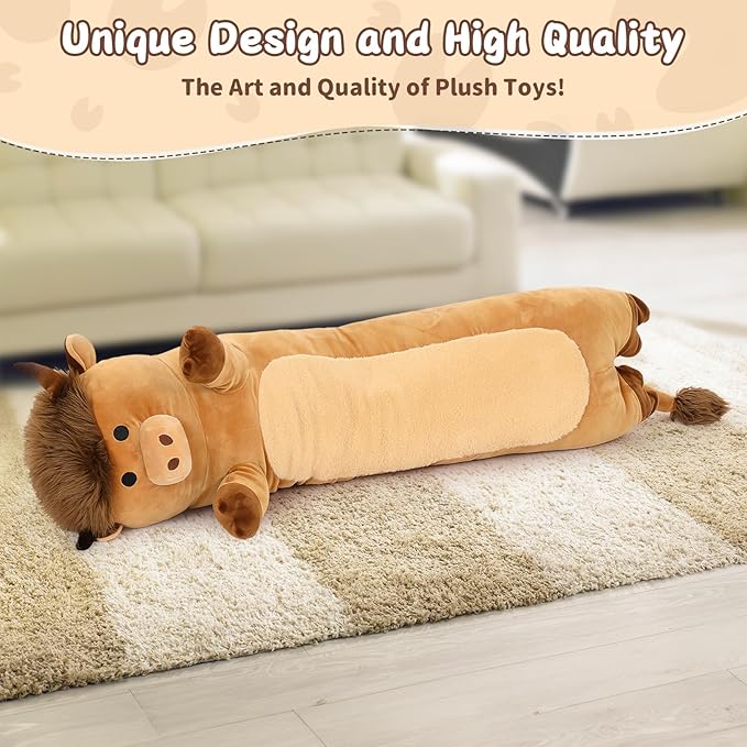 Highland Cow Plush Long Body Pillow, Giant Breathable Highland Cattle Stuffed Animal Bolster Throw Pillow, Cuddly Hugging Pillow Plushie Gift for Kids Girlfriend,Birthday,Christmas