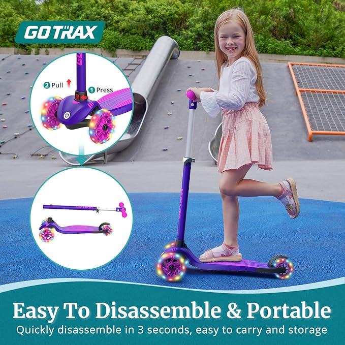 Gotrax KS1 Kids Kick Scooter, LED Lighted Wheels and 3 Adjustable Height Handlebars, Lean-to-Steer & Widen Anti-Slip Deck, 3 Wheel Scooter for Boys & Girls Ages 2-8 and up to 100 Lbs