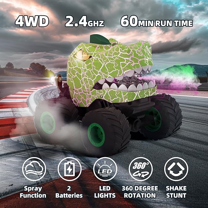 Dinosaur Remote Control Car,2.4hz Rc Monster Truck Toy,Suitable For Boys,With Spray, Light And Sound, All Terrain Remote Control Car,Suitable For3,4,5,6,7-Year-Old Children,Christmas Birthday Gift