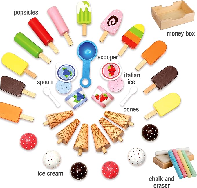 Ice Cream Cart Kids Pretend Play Stand- 33+ Pc Accessories, Realistic Premium Wooden Toy Activity Set, Money Box Chalkboard & Icecream Truck- Popsicles Cones Unique Flavors- Girls Boys Role Play Gift