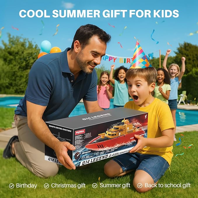 SYMA Remote Control Boat, Big RC Boat Firefighter for Kids 8-12 with 40 Mins Run Time (2 Batteries), One-Key Water Spary, 15 km/h High Speed and Low Battery Warning, Pool Toys for Boys Girls