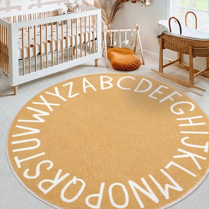 Topotdor Round Kids Play Rug Alphabet Nursery Area Rug Extra Large Soft Crawling Play Mat for Children Toddlers Bedroom (47 inch, Brown)