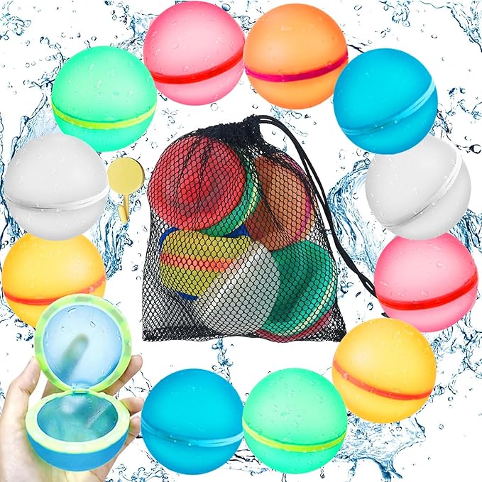 12 PCS Water Balloons,Magnetic Silicone Water Balls Quick Fill with Mesh Bag,Summer Outdoor Pool Beach Party Supplies Toys Water Balloon for Kids Adults (12pcs)